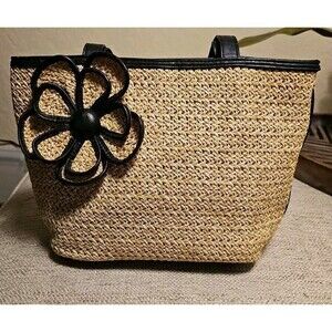 Bueno Women's Woven Straw Black Trim 3D Flower Accent Shoulder Tote Bag Purse